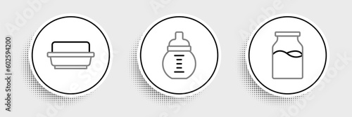 Set line Bottle with milk, Butter in a butter dish and Baby bottle icon. Vector