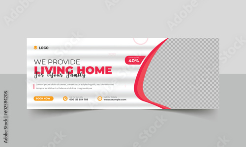 Real estate social media cover design, A banner design for a property company, Home for sale banner design, Home real estate social media cove template. Editable housing web banner design