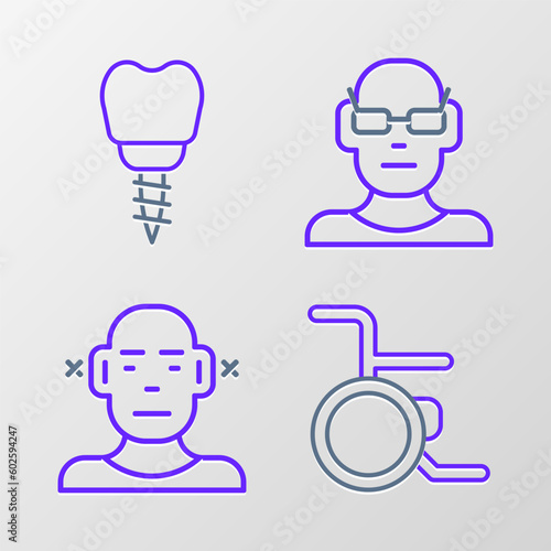 Set line Wheelchair, Deaf, Poor eyesight and Dental implant icon. Vector