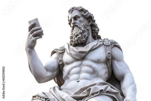 Stone Statue of an Ancient Greek God Zeus using a Smartphone, Old, Marble, Men Sculpture, Art, History, Deep Meaning