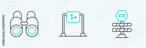 Set line Road barrier, Binoculars and traffic sign icon. Vector