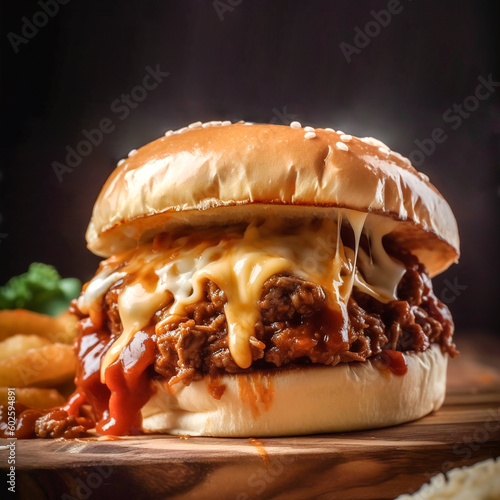 Delicious sloppy Joe ground beef burger with melting cheese and tomato sauce on wooden board. American cuisine fast food concept photo