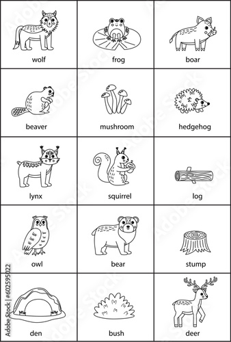 Set of cartoon black and white woodland animals with names.