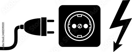 Power plug, outlet and lightning symbol. PNG illustration.