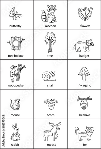 Set of cartoon black and white woodland animals with names.