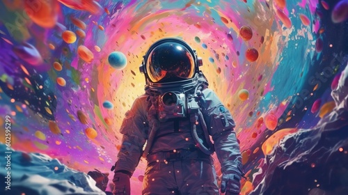 An astronaut in an orbit with colored stars