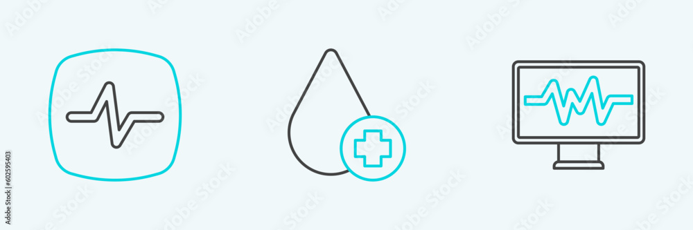 Set line Monitor with cardiogram, Heart rate and Donate drop blood icon. Vector Set line Monitor with cardiogram, Heart rate and Donate drop blood icon. Vector