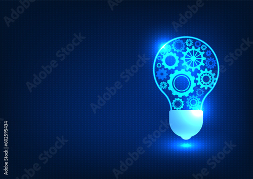 Gear technology background inside the light bulb. Represents the invention of ideas to solve problems with smart technology that help manage Gear digital hi-tech is engineering work with smart technol