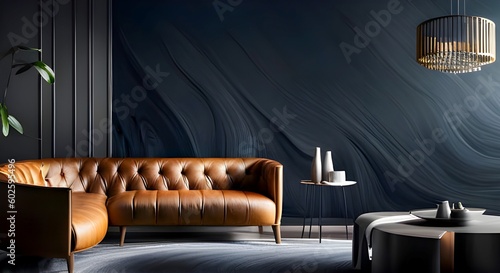 Fototapeta Interior of modern living room with black walls, concrete floor, brown leather sofa and coffee table.  Generative AI.