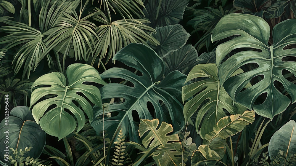 Tropical Paradise: Dark Green Monstera and Tropical Leaves Illustration, Background and wallpaper design. Generative AI Tropical Paradise: Dark Green Monstera and Tropical Leaves Illustration, Background and wallpaper design. Generative AI