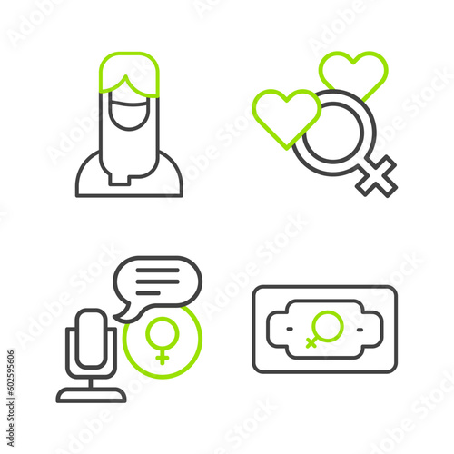 Set line Money growth woman, Microphone, Female gender and Muslim in hijab icon. Vector