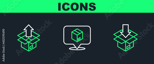 Set line Carton cardboard box, Unboxing and Location with icon. Vector