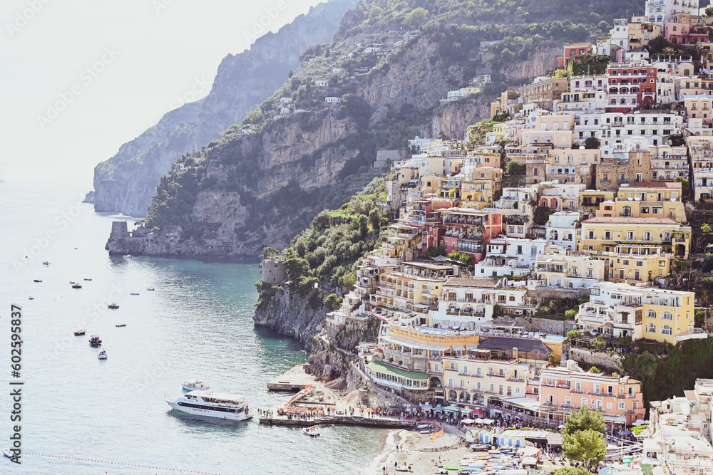 View of Positano village along Amalfi Coast in Italy . Positano, italy. Amalfi Coast and seascape.is popular travel and holyday destination in Europe.