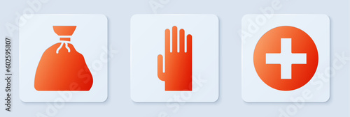 Set Rubber gloves, Garbage bag and Cross hospital medical. White square button. Vector