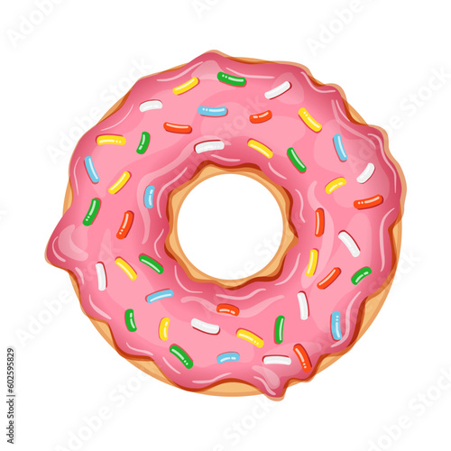 Delicious donut with pink icing with bright sweet sprinkles isolated on white background. Realistic vector illustration of sweet pastries.