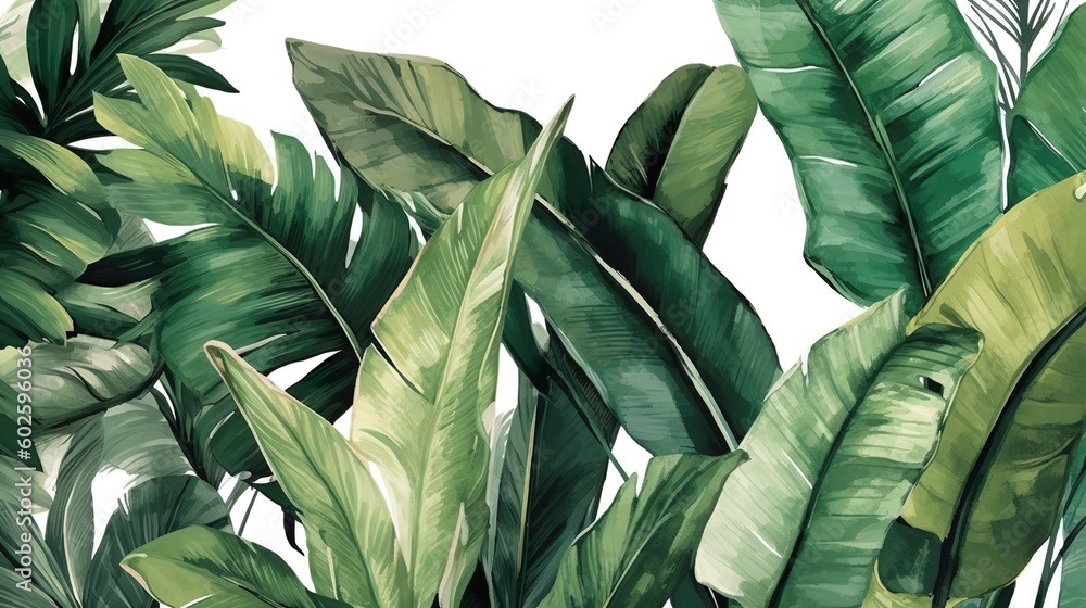 Fototapeta Enchanting Banana Leaves: Dark Green Tropical Illustration. Generative AI