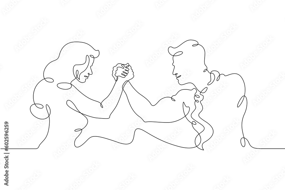 One continuous line. Rivalry. Dispute between a woman and a man. A duel of two sexes. Dispute. Man versus woman. One continuous line drawn isolated, white background.