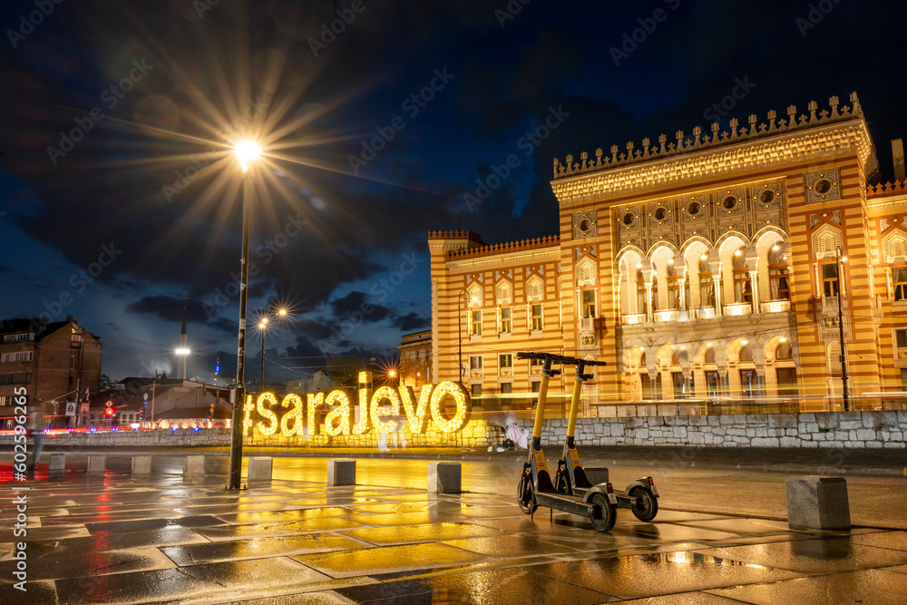 Night view of Sarajevo city hall Vijecnica at night, Bosnia and Herzegovina. Travel to Balkans.