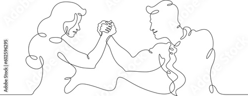 One continuous line. Rivalry. Dispute between a woman and a man. A duel of two sexes. Dispute. Man versus woman. One continuous line drawn isolated, white background.
