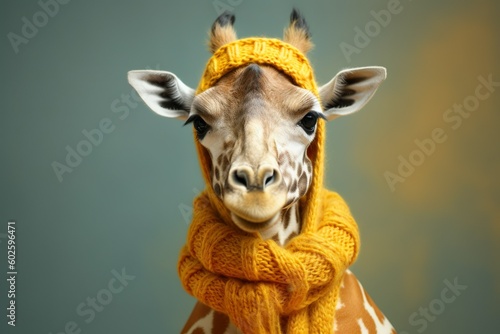 Cute giraffe in a yellow scarf, a portrait illustration, generated by AI