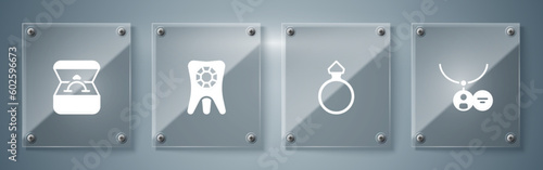 Set Locket on necklace, Diamond engagement ring, Tooth with diamond and box. Square glass panels. Vector