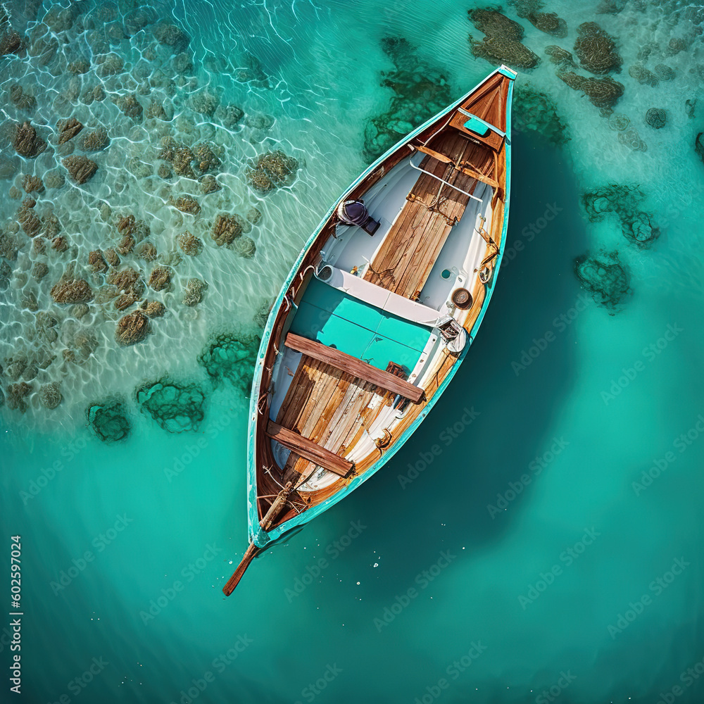 Obraz premium Aerial view of wooden boat on turquoise sea water. Generative AI