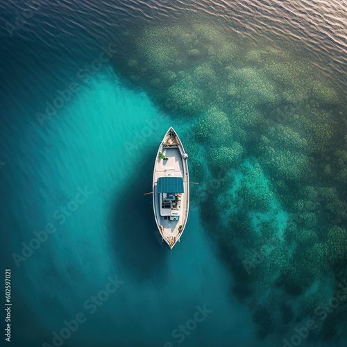 Aerial view of wooden boat on turquoise sea water. Generative AI © Tatiana