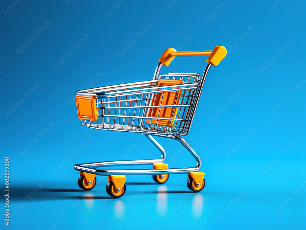 Small shopping cart on a blue background, toy proportions, light silver and orange, minimalistic, generative AI