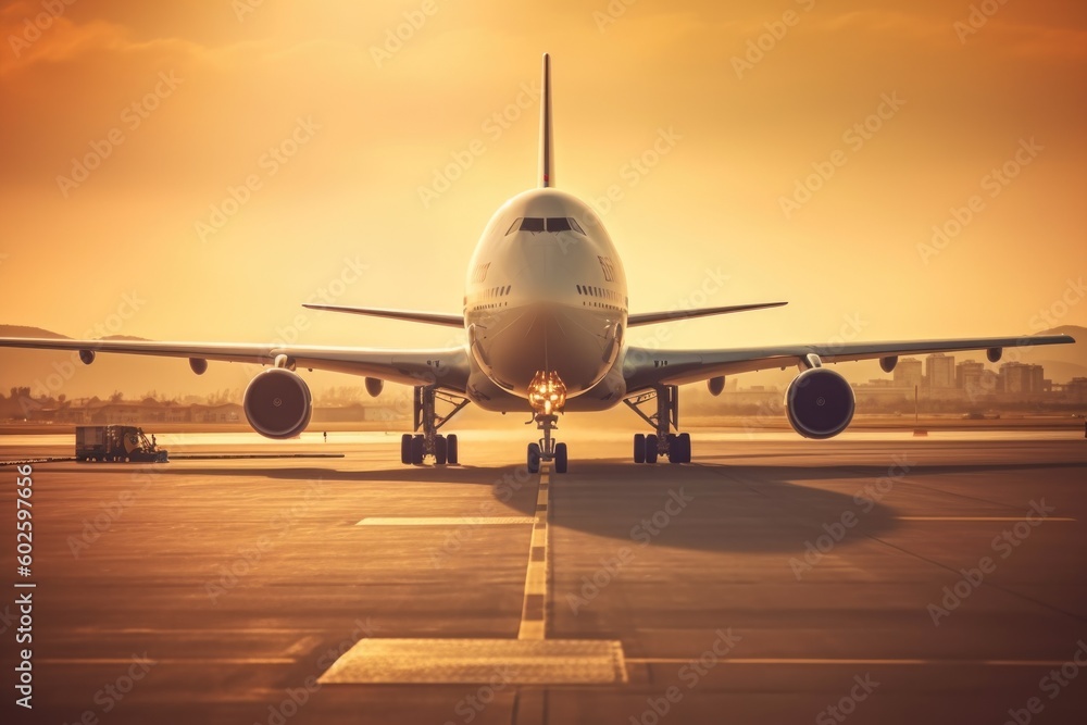 airplane in the airport at sunset, ai generative airplane in the airport at sunset, ai generative