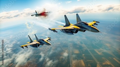 Canvas Print dogfight of attack aircrafts in the sky over Ukraine, summer, AI Generated