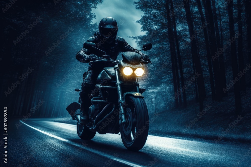 biker on motorcycle on road at night, ai generative