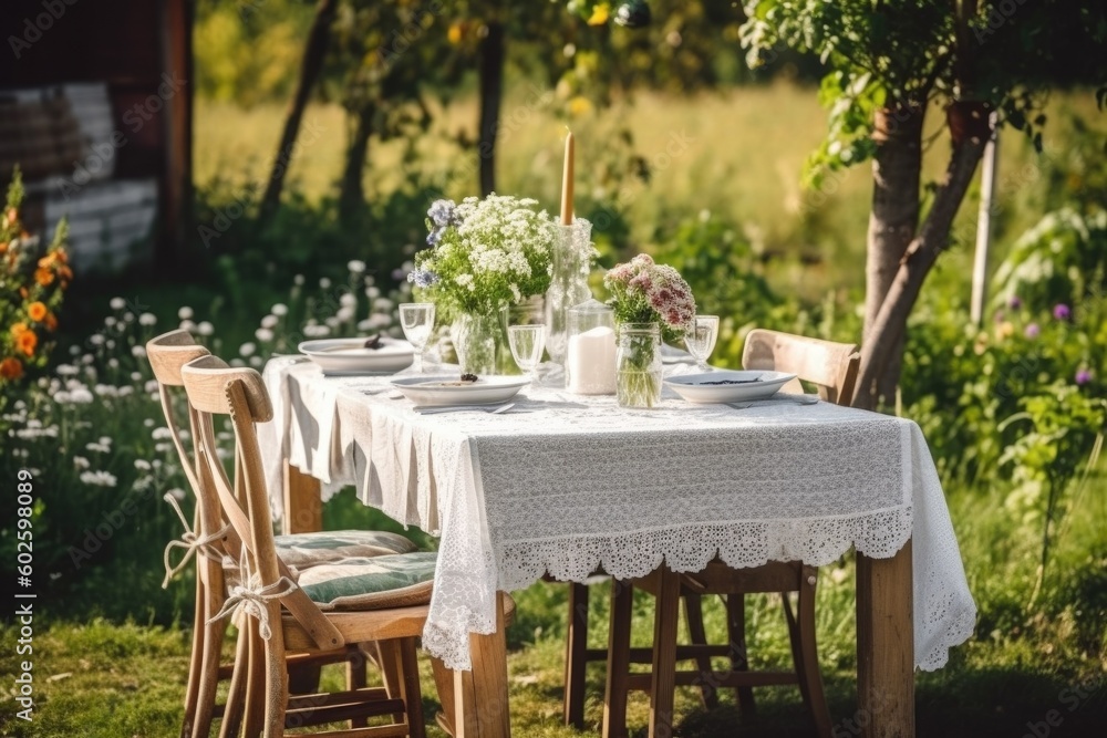 table setting for a wedding with flowers in garden , ai generative
