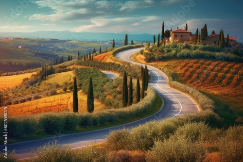  Sunny fields in Tuscany, Italy, countryside rolling hills; summer farmland and country road.Ai generative