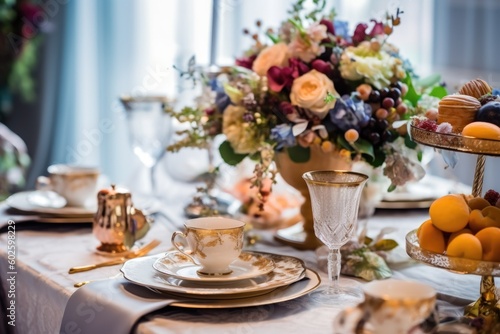table setting for a wedding with flowers  ai generative