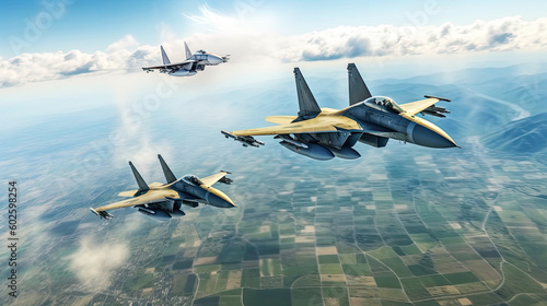 Fotografija dogfight of attack aircrafts in the sky over Ukraine, summer, AI Generated