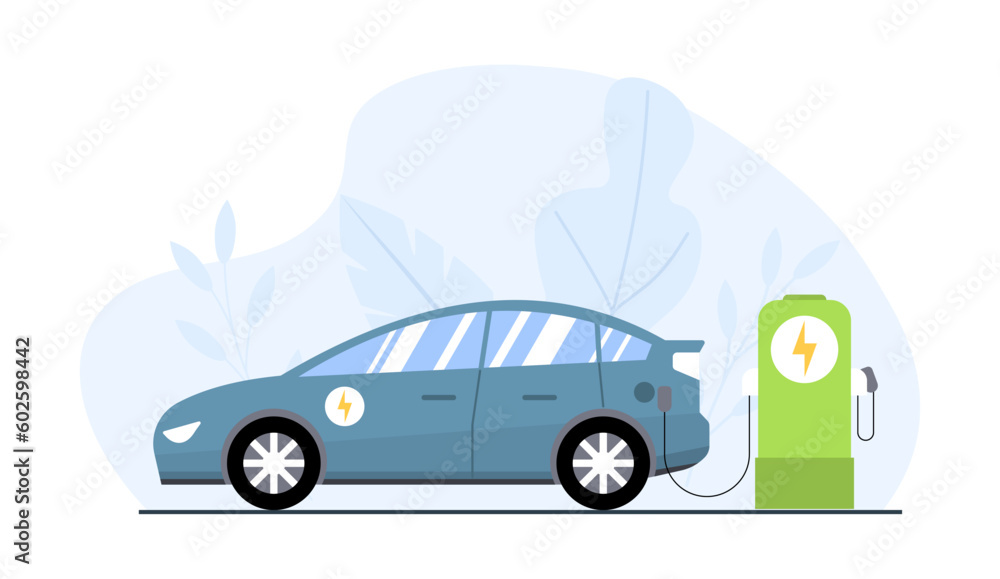 Modern electric car charging parking flat vector illustration concept