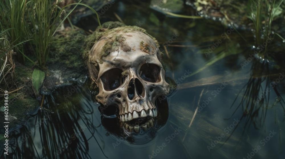 Decaying old human skull in dirty murky wet swamp mud, death and decay, unsolved crime scene, murder mystery - generative AI	

