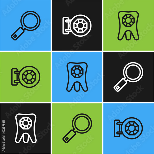 Set line Magnifying glass, Tooth with diamond and Jewelry store icon. Vector