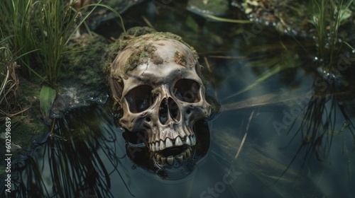 Decaying old human skull in dirty murky wet swamp mud, death and decay, unsolved crime scene, murder mystery - generative AI 