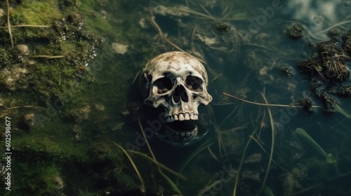 Decaying old human skull in dirty murky wet swamp mud, death and decay, unsolved crime scene, murder mystery - generative AI 