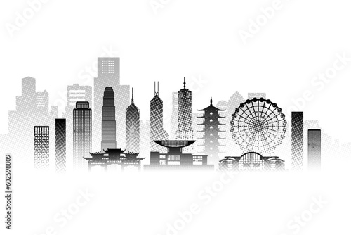 Travel architecture silhouette in Hong Kong with Black halftone style.