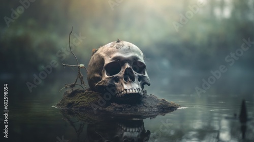 Decaying old human skull in dirty murky wet swamp mud, death and decay, unsolved crime scene, murder mystery - generative AI 