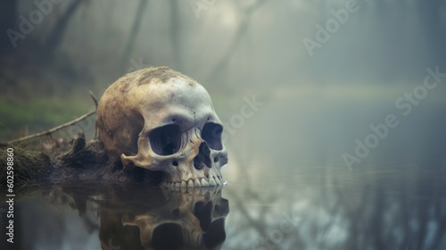 Decaying old human skull in dirty murky wet swamp mud, death and decay, unsolved crime scene, murder mystery - generative AI 