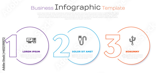 Set line Computer monitor, USB cable cord and . Business infographic template. Vector