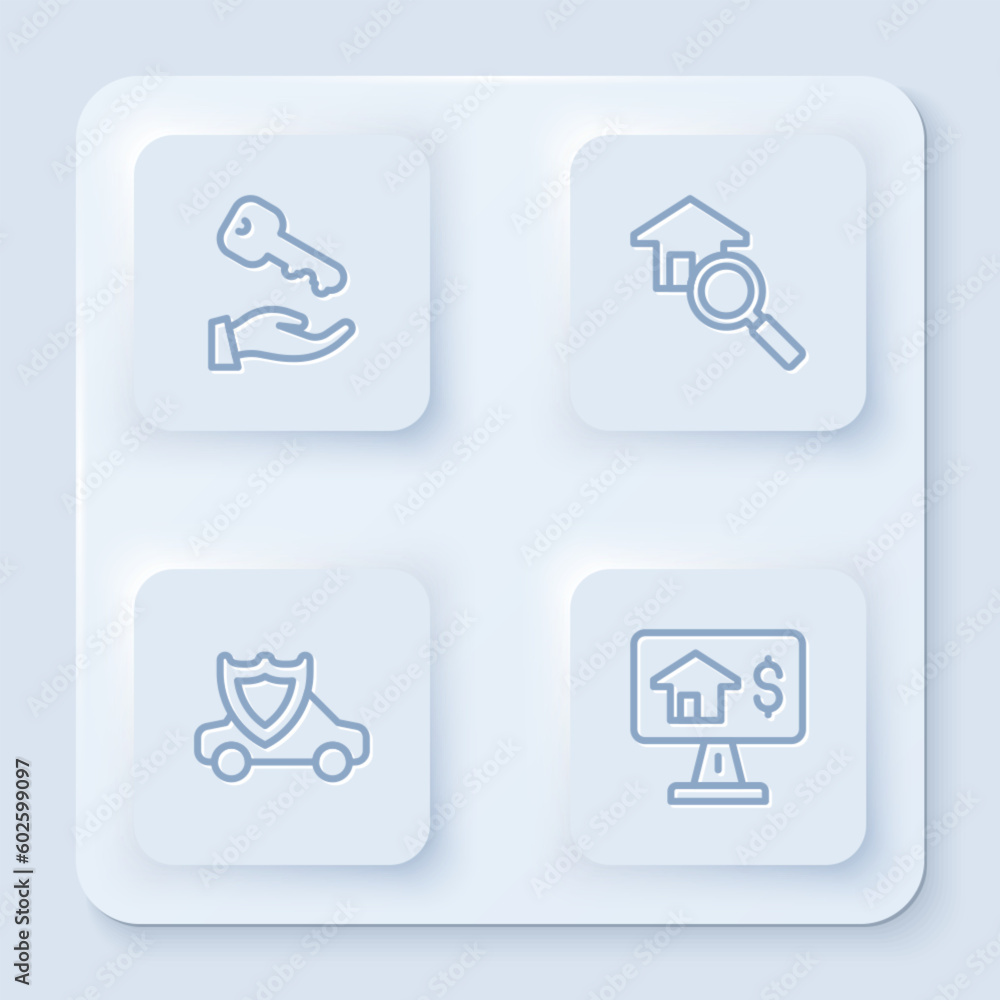 Set line House key, Search house, Car with shield and Online real estate. White square button. Vector Set line House key, Search house, Car with shield and Online real estate. White square button. Vector