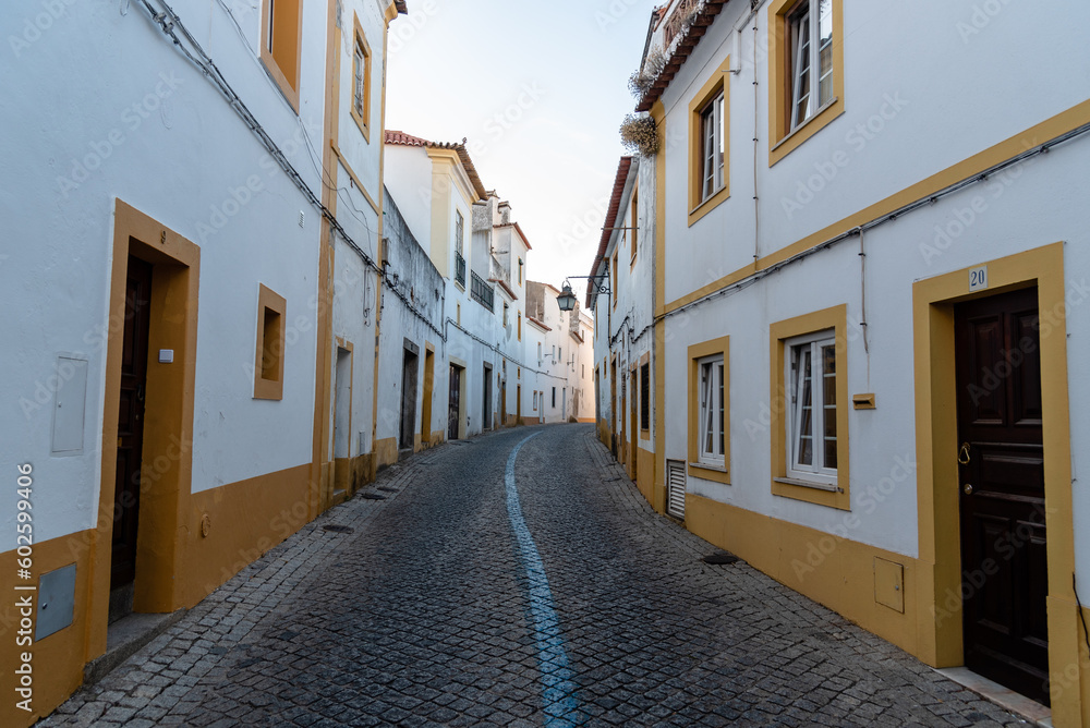 Cityscape of Evora with typical houses painted in white and yellow. Alentejo, Portugal