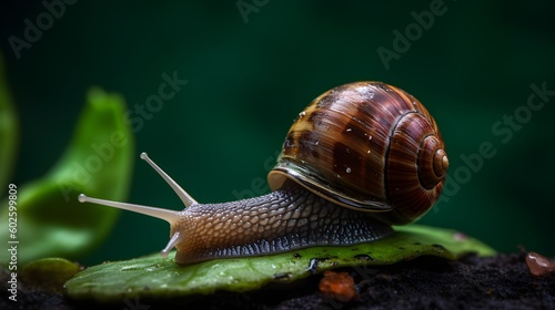 Snail Crawling at a Snail's Pace on Green Background