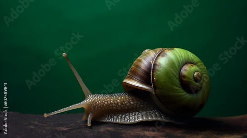 Snail Crawling at a Snail's Pace on Green Background