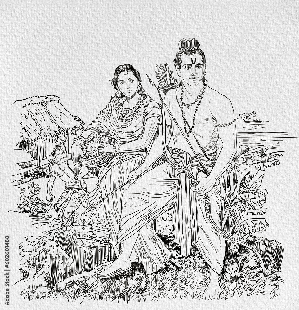 illustration of Lord Rama and Sita with Hindi text meaning Shree Ram ...