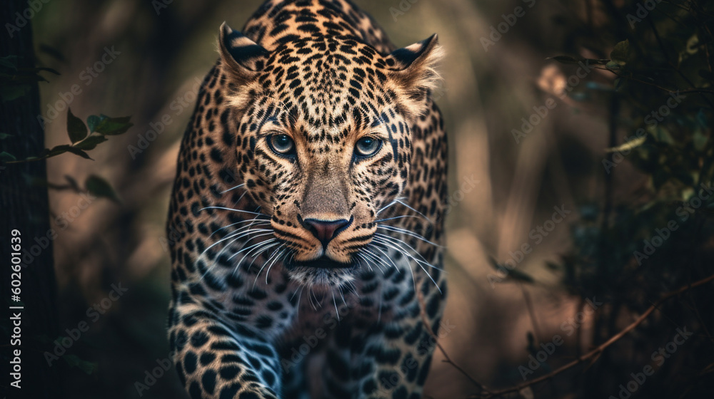 Fototapeta premium A leopard in the wild is looking at the camera